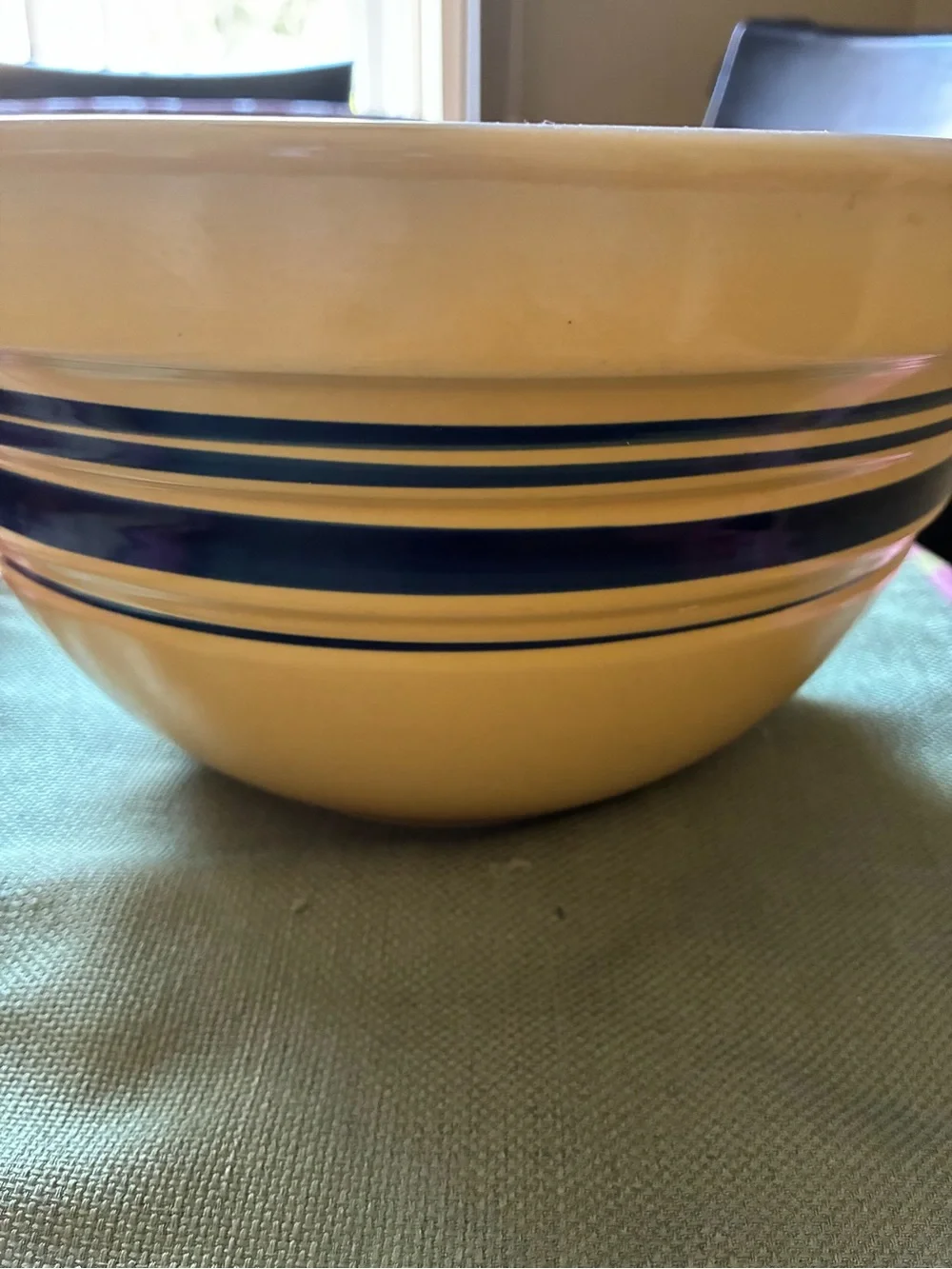 Vintage large farmhouse yellow Mixing Bowl with Navy Blue Stripes
